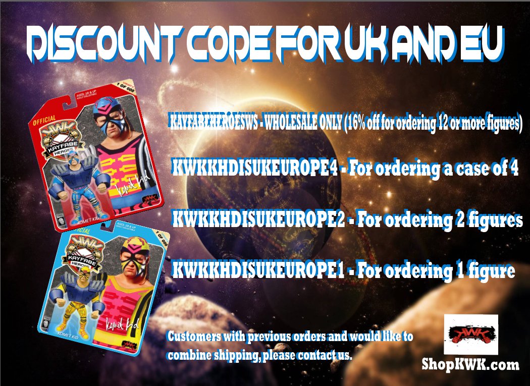 For UK and EU shoppers, please use the following discount codes to get your KWK Kayfabe Heroes Series 1 Komet Kid figures. Please note this is for ShopKWK.com only. #hasbrowwf #wwfhasbro #hasbrowwffigures #wwfhasbrofigures