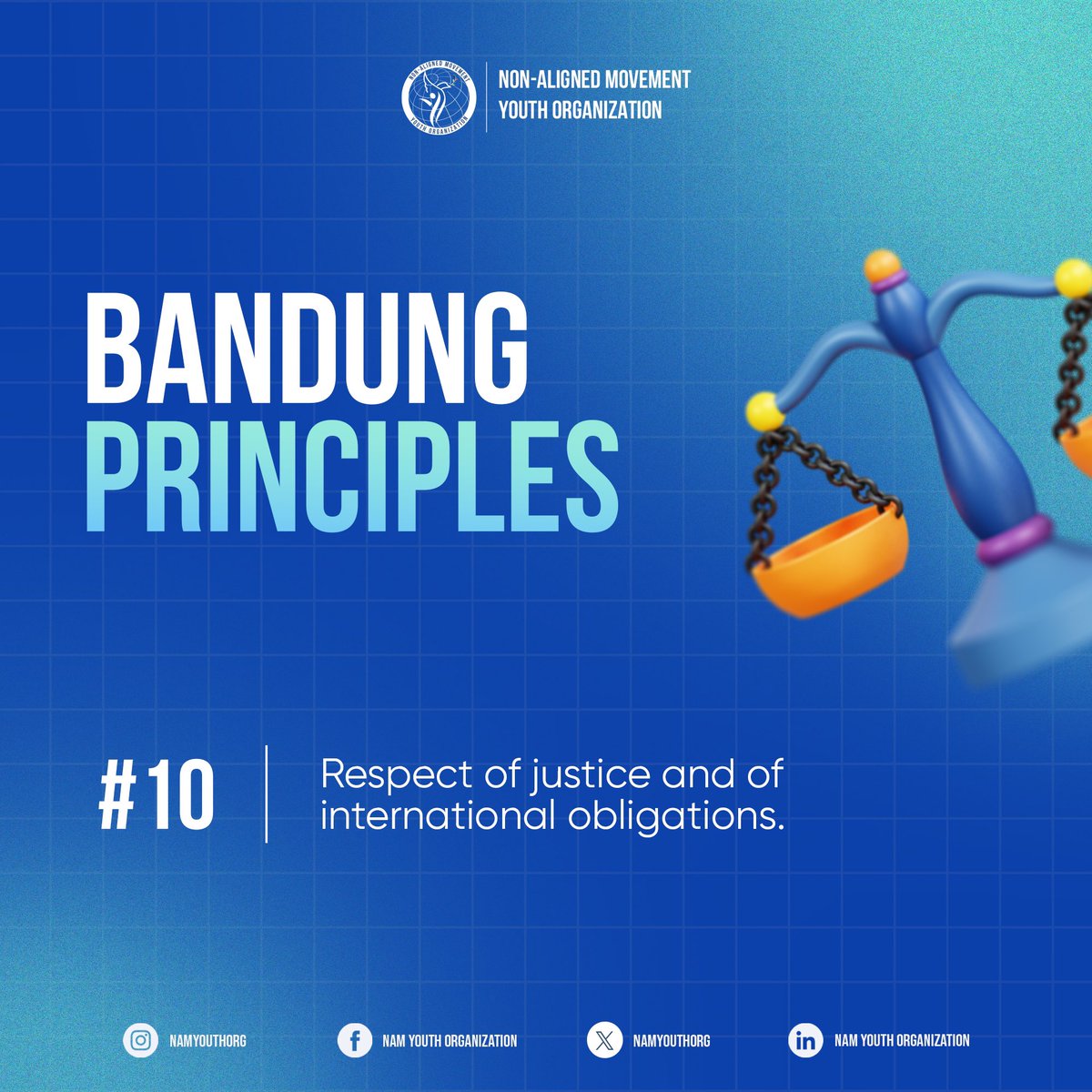 namyouthorg's tweet photo. Welcome the final post of our post-series on the #BandungPrinciples! ⚖️
Background: The Asian-African Conference held in #Bandung, #Indonesia in 1955 laid the foundation for the Non-Aligned Movement (#NAM) and its ten guiding principles, titled Bandung Principles.
#NAMYO #NAM2023 #NAMYouthVision #internationallaw #principles #youth