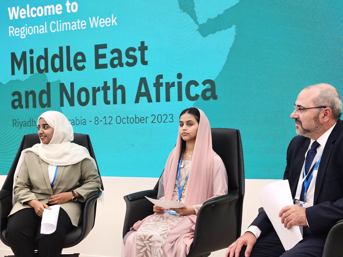UNICEFGulf's tweet photo. “The climate crisis in the MENA region is real, impacting millions of children. Heatwaves, droughts, and pollution threaten their lives. We must take action to ensure a safer world for all.” 
An inspiring message from Ghaya Al Ahbabi, UNICEF Youth Advocate at #MENAClimateWeek 🌍 https://t.co/ZpNJ7zu6K4