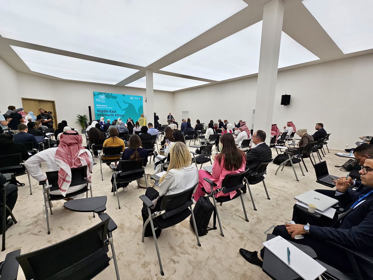 UNICEFGulf's tweet photo. “The climate crisis in the MENA region is real, impacting millions of children. Heatwaves, droughts, and pollution threaten their lives. We must take action to ensure a safer world for all.” 
An inspiring message from Ghaya Al Ahbabi, UNICEF Youth Advocate at #MENAClimateWeek 🌍 https://t.co/ZpNJ7zu6K4