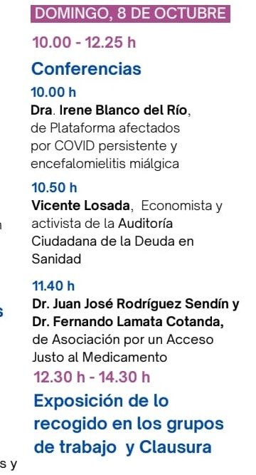 <a href="/VecinasSanidad/">Vecinas y vecinos de barrios y pueblos de Madrid</a> <a href="/SanidadPVillave/">Villaverde por la Sanidad Pública</a> <a href="/NoroesteMadrid/">Noroeste Madrid</a> <a href="/MareaResidencia/">Marea de Residencias</a> <a href="/VyJ_7291/">7291:Verdad y Justicia para las víctimas en las R.</a> youtube.com/live/MGobj_oAu…
3° Día #JornadasSanidad 
1️⃣ COVID PERSISTENTE <a href="/IreneBlancoDR/">Irene B ©</a> <a href="/CovidVictimas/">Movilización Persistente #pwLC + pwME</a> 
2️⃣ AUDITORIA CUIDADANA DE LA DEUDA EN SANIDAD 
<a href="/viloma15/">Vicente Losada</a> <a href="/AuditaSanidad/">Audita Sanidad</a> 
3️⃣ ACCESO JUSTO AL MEDICAMENTO 
<a href="/jrsendin/">Juan Jose Rodriguez</a> <a href="/LamataF/">Fernando Lamata</a>