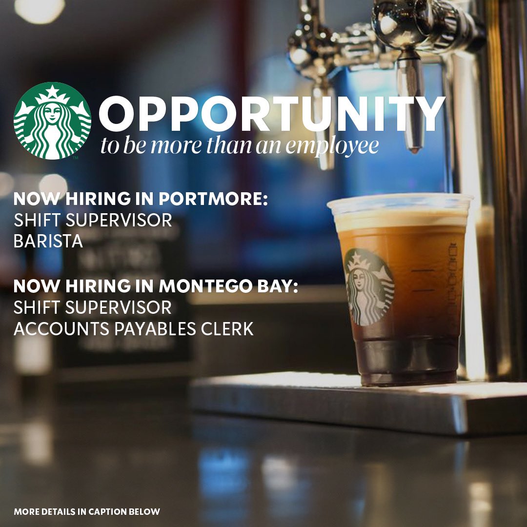 Connect with something bigger!

Job opportunities are now available at our Montego Bay and *Portmore* 👀👀 locations!!!

Submit your resumes to jobs.starbucks@cctlgrp.com to join our team!

#StarbucksJamaica