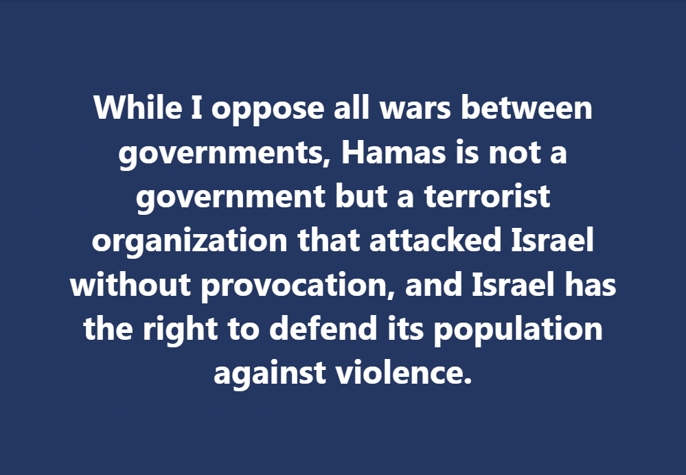 GStolyarovII's tweet photo. While I oppose all wars between governments, Hamas is not a government but a terrorist organization that attacked Israel without provocation, and Israel has the right to defend its population against violence.

#Israel #Gaza #WarInIsrael #SelfDefense #RightOfSelfDefense https://t.co/UZPO75MvuB