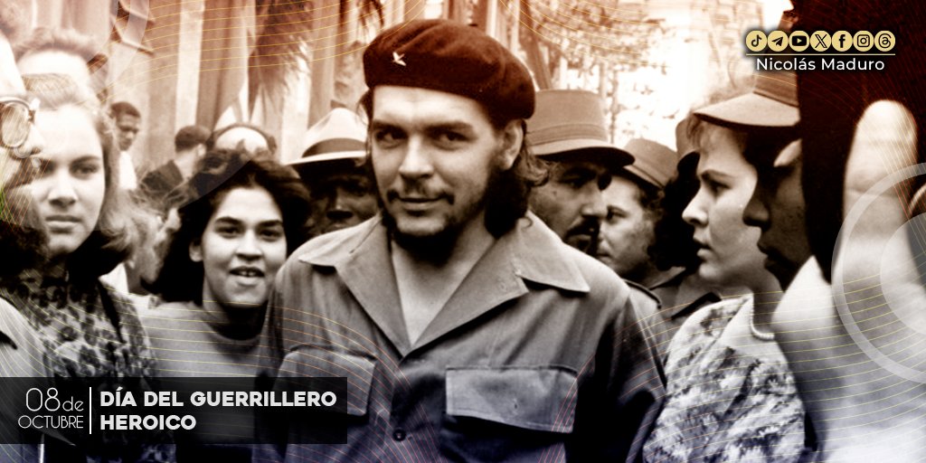 NicolasMaduro's tweet photo. Hace 56 años Ernesto Guevara cayó prisionero, en su honor, hoy Nuestra América conmemora el Día del Guerrillero Heroico, un recordatorio que representa la derrota de quienes cobardemente quisieron borrar al Che, y sus ideales, de la memoria de los pueblos. https://t.co/LN38niF1X5