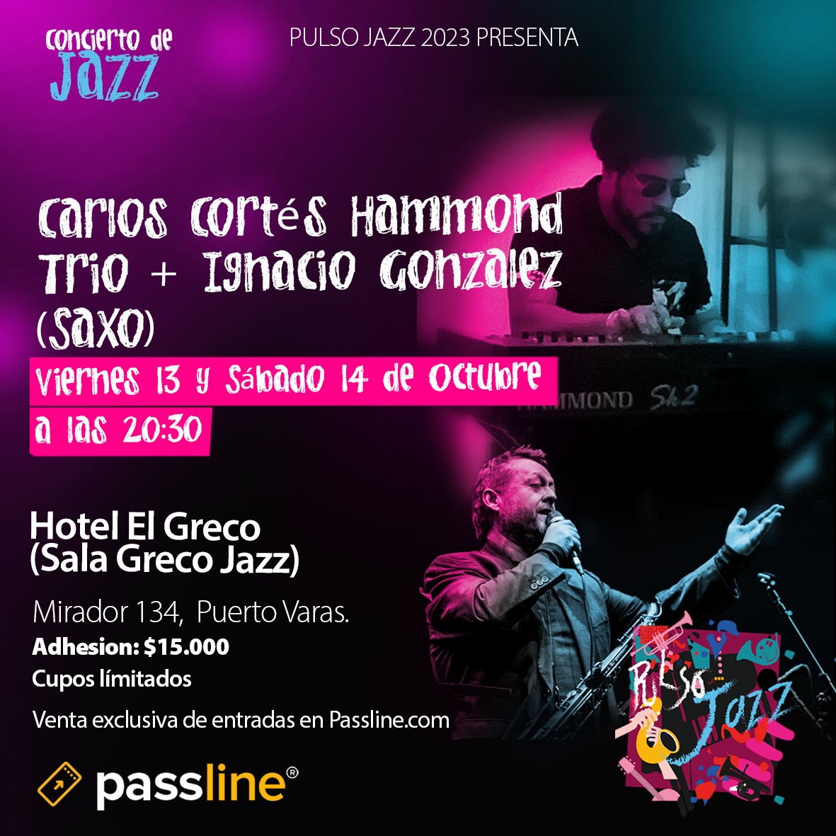 raulpalma's tweet photo. Jazz en Puerto Varas este viernes 13 y sábado 14 de octubre, 20:00 hrs. Hotel El Greco, calle Mirador 134.
Oportunidad única de escuchar y ver a músicos de primer nivel en vivo, en una acogedora sala subterránea con excelente acústica.
Para acompañar: 🍷+🥂
Entradas en passline https://t.co/QJlpdmvGZK