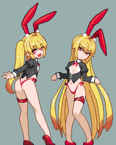 VPゲームのMOD用のセレナちゃんたちのバイト姿ドットのベース打ちおわりぃ…左は全身新規でドット作ってる…次は添い寝ドットの作成だァ… 