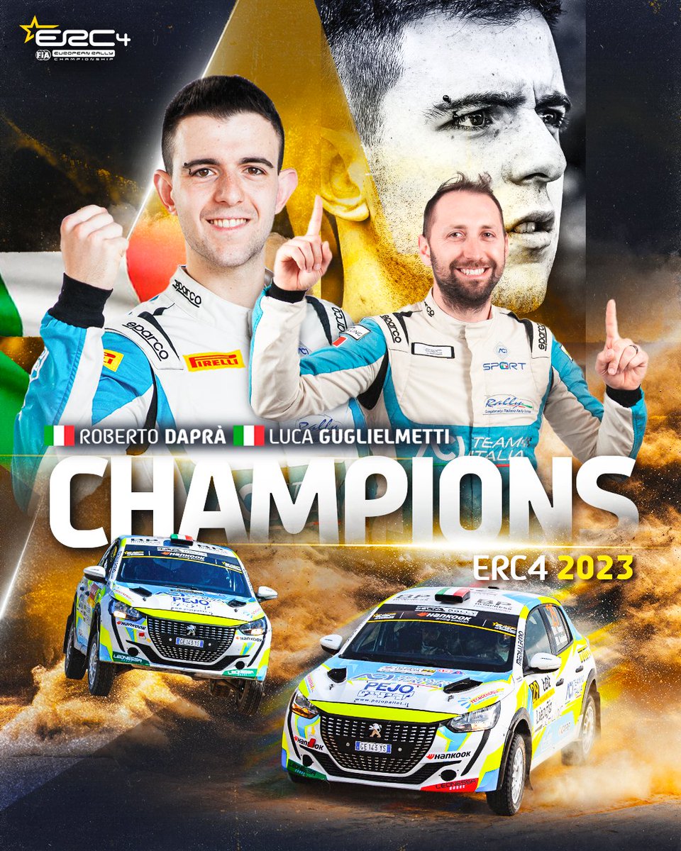 FIAERC's tweet photo. 🏆 #ERC4 European Rally Champions 2023* 🏆
Big congratulations to Roberto Daprà / Luca Guglielmetti 👏
*Subject to FIA confirmation https://t.co/9NE136IJsq