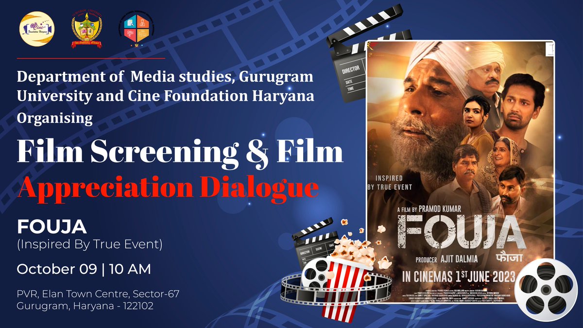 MediaStudiesggu's tweet photo. Movie journey with us!
Film screening and appreciation dialogue for "FOUJA" are being organized by Media Studies and @CFharyana. October 9 at 10 am at PVR in Sector 67 of Gurugram's Elan Town Centre.

@gurugramuniver1 @profdineshkumar @DrRakeshyogi1 @Meenakshi_News https://t.co/hdYHNPZ7T9