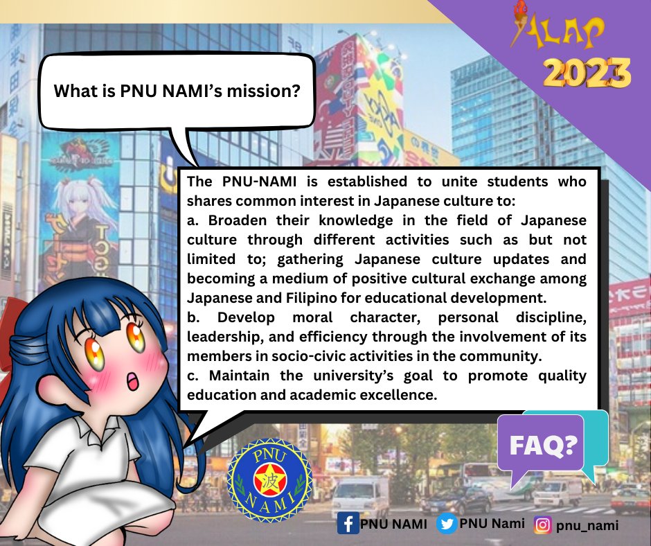 PNUNami_Manila's tweet photo. Excited to be a Namijin!?

Here are more FAQs to get to know more about this "not-so-shady" org 😏

#IkuzoNami #ColorsOfAkihabara #JoinNAMI #ALAP2023 https://t.co/XyH9bqGqBD
