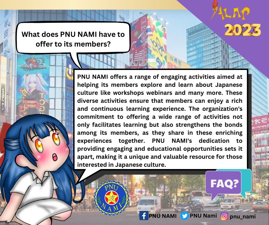 PNUNami_Manila's tweet photo. Excited to be a Namijin!?

Here are more FAQs to get to know more about this "not-so-shady" org 😏

#IkuzoNami #ColorsOfAkihabara #JoinNAMI #ALAP2023 https://t.co/XyH9bqGqBD