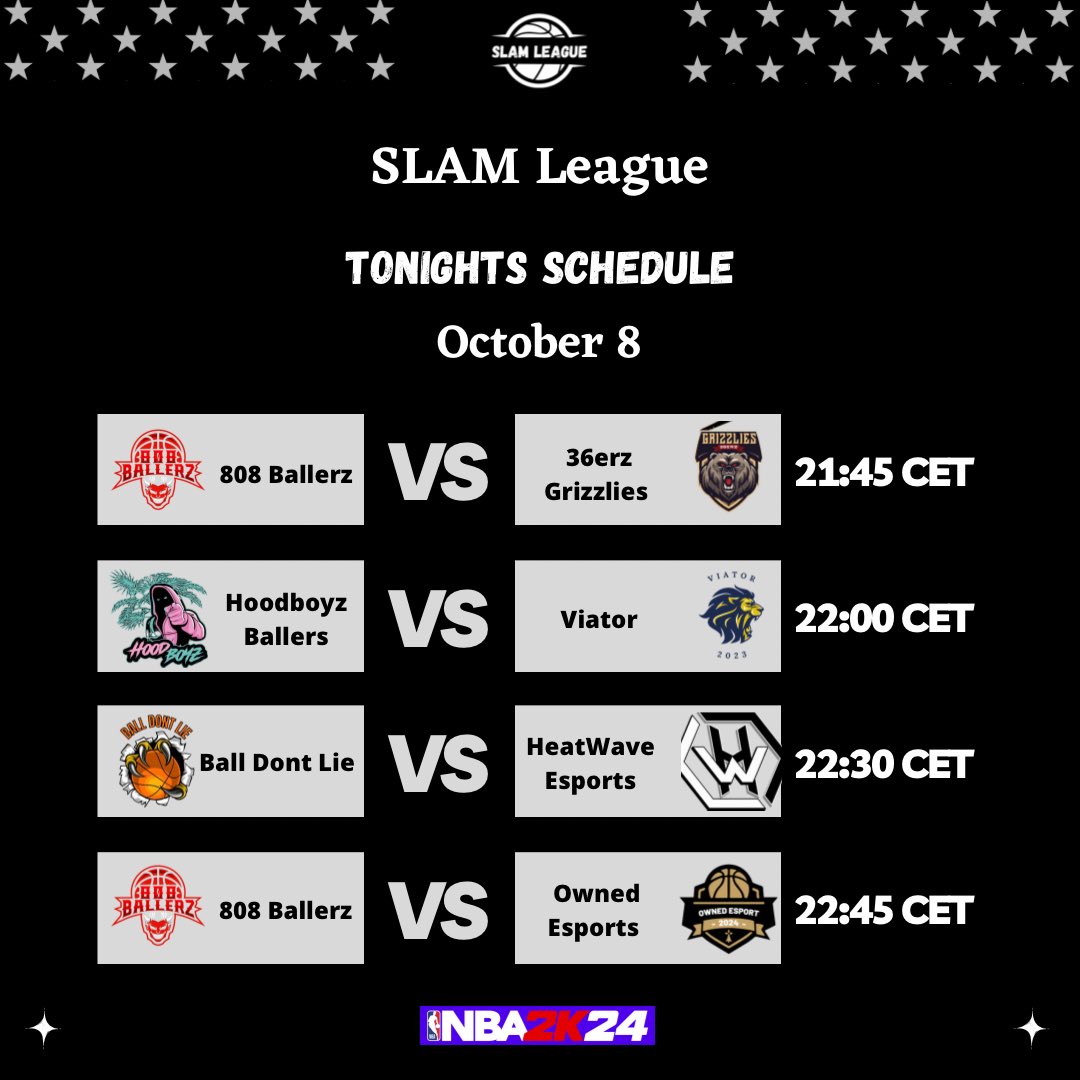SLAM League (@slam_league) on Twitter photo Tonights Games (more to be announced)
<a href="/808Ballerzzz/">808 Ballerz</a> vs <a href="/36erzG/">36erz Grizzlies</a>
<a href="/HoodboyzBallers/">Hoodboyz Ballers</a> vs <a href="/IIvoViatorII/">Viator</a>
<a href="/BDLgame/">BALL DONโT LIE</a> vs <a href="/heatwave_e/">HeatWave Esports</a>
<a href="/808Ballerzzz/">808 Ballerz</a> vs @OwnedEsport_2K Tonights Games (more to be announced)
<a href="/808Ballerzzz/">808 Ballerz</a> vs <a href="/36erzG/">36erz Grizzlies</a>
<a href="/HoodboyzBallers/">Hoodboyz Ballers</a> vs <a href="/IIvoViatorII/">Viator</a>
<a href="/BDLgame/">BALL DONโT LIE</a> vs <a href="/heatwave_e/">HeatWave Esports</a>
<a href="/808Ballerzzz/">808 Ballerz</a> vs @OwnedEsport_2K