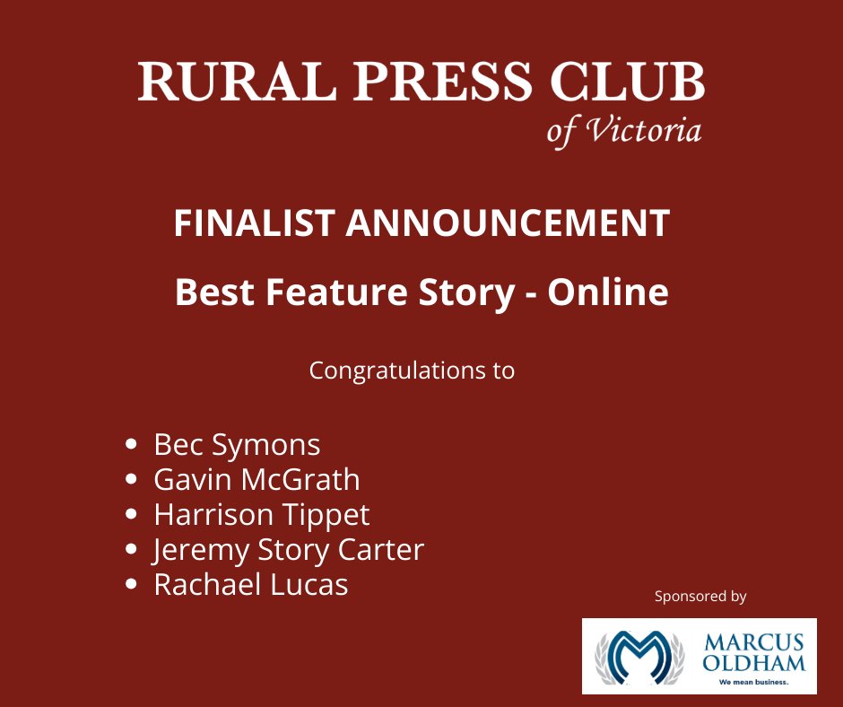 Best Feature Story (Online) - sponsored by Marcus Oldham. Congratulations to the finalists (listed in alphabetical order). @BecSymons, Gavin McGrath, @Hwtippet & @jstorycarter