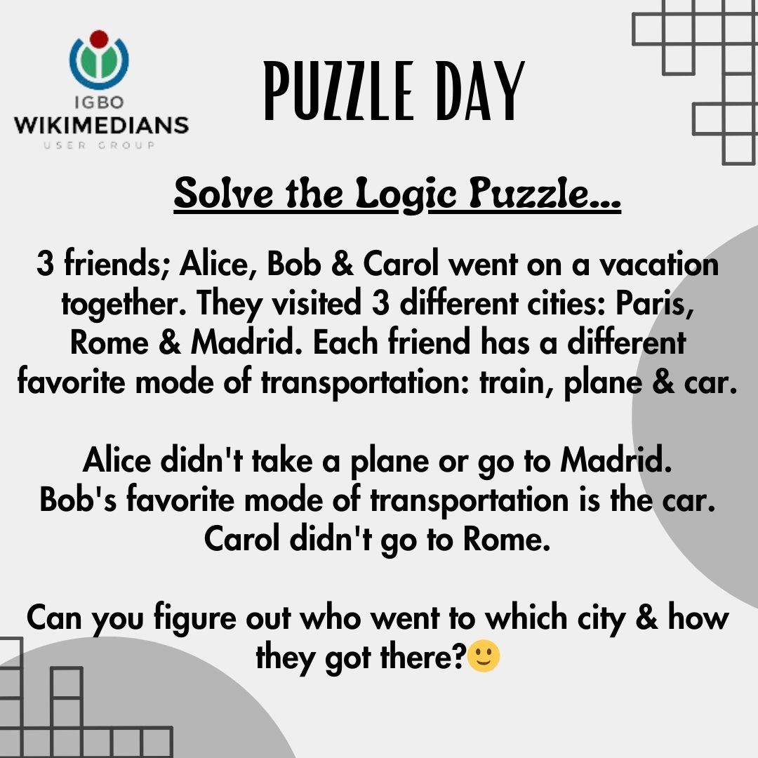 Let's play!
Logic Puzzle... Let's see who gets this right. Winners will be mentioned in the comment section.
#igbo #wikimedia #personality #leaders #puzzle #igboamaka #scrambler #scramble #unscramble #unscramblechallenge #unscrambletheword #names #name #winners #play #playtime