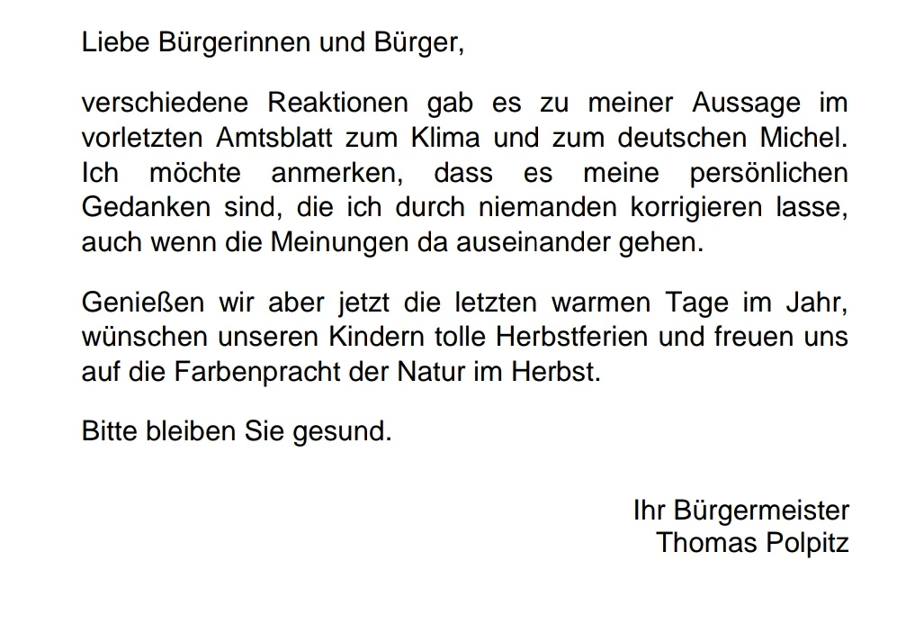 Der #CDU Bürgermeister, der kürzlich das Amtsblatt seiner Gemeinde für Klimaverschwörungstheorien missbrauchte, äußert sich erneut im Amtsblatt zu diesem Vorfall. 
Keine Korrektur, keine Entschuldigung, kein Zurückrudern. Nur Trotz.