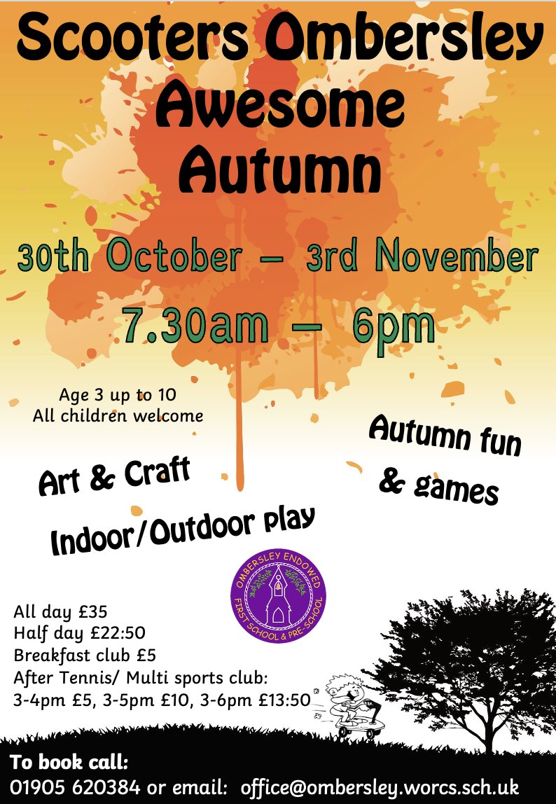 Ombersley Endowed First School & Pre-School (@ombersleyschool) on Twitter photo Join us this Autumn at Holiday club. Open 30th October - 3rd November 2023. We are open from 7.30am till 6pm. Prices from as little as £5. To book your child/rens place give us a call on 01905 620384 or email office@ombersley.worcs.sch.uk. Join us this Autumn at Holiday club. Open 30th October - 3rd November 2023. We are open from 7.30am till 6pm. Prices from as little as £5. To book your child/rens place give us a call on 01905 620384 or email office@ombersley.worcs.sch.uk.