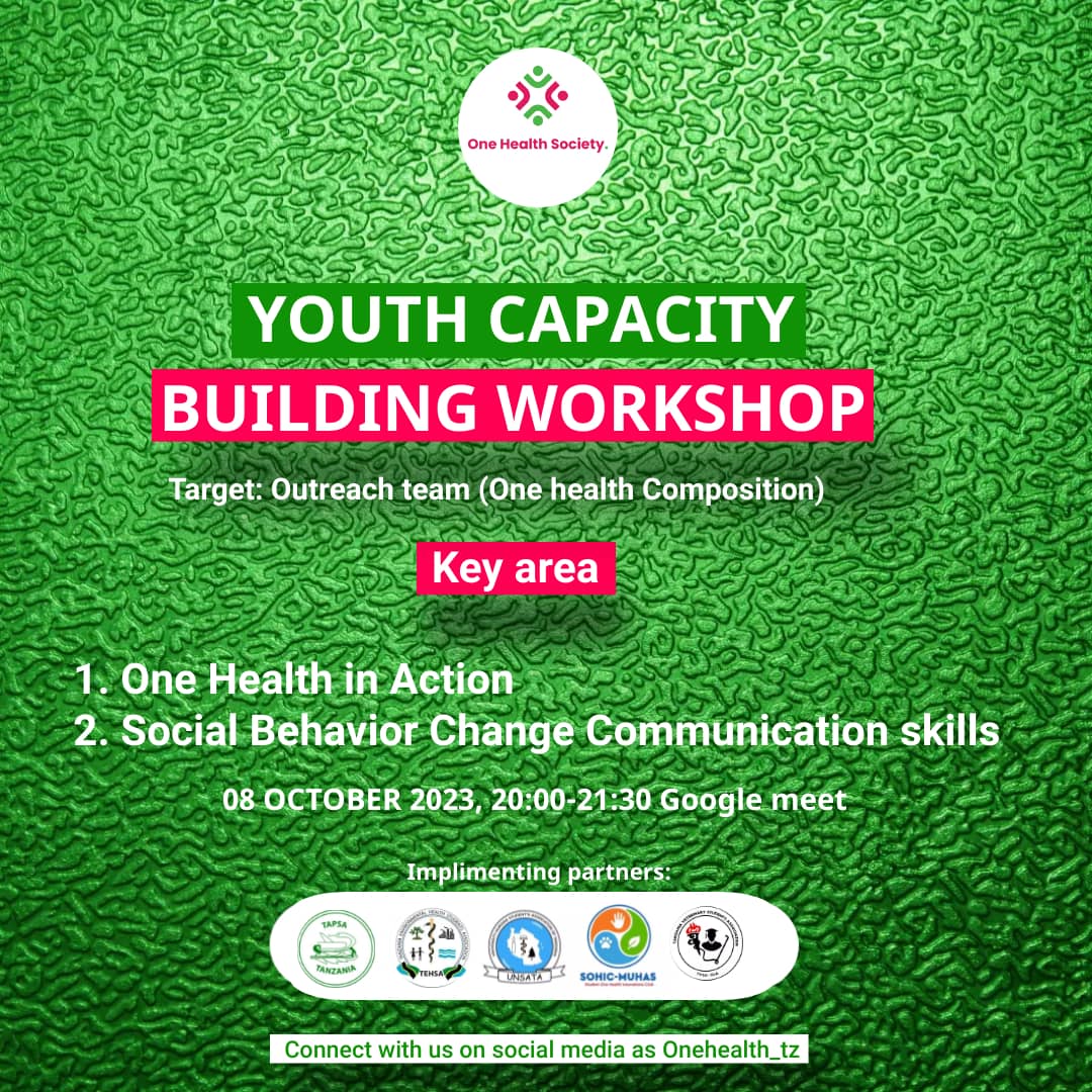 Happy to Announce📣
<a href="/onehealth_tz/">One Health Society</a> will conduct YOUTH CAPACITY BUILDING today as the preparation towards Community Outreach to enhance proper handling of antimicrobials to both animals and humans among livestock keepers in Kiluvya, Kisarawe in Pwani Region.

#onehealth #fightAMR