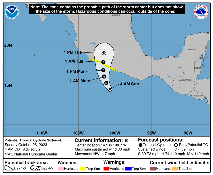 LimWeather's tweet photo. #PTC16E forecast to peak at at least 50mph
#tropicalstormwatch in effect from #Acapulco to #PuntaSanTelmo, most of #guerrero and #michoacan states
life threatening #Flooding and #Mudslides are likely
#Wxtwitter #Tropicswx #99E #Max #EP99 #Mexico #TropicalStorm #TropicalStormMax https://t.co/dc6k6eMgqV
