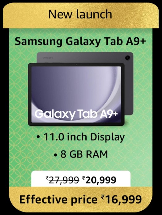 Samsung Galaxy Tab A9+ launched in India.

Specifications
📱 11' 1920×1200 WQXGA LCD display, 90Hz refresh rate
🔳 Qualcomm Snapdragon 695 chipset
🍭 Android 13
📸 8MP rear camera
📷 5MP front camera
🔋 7040mAh battery

#GalaxyTabA9Plus
#AmazonGreatlndianFestival 
#RCSena 

(1/2)