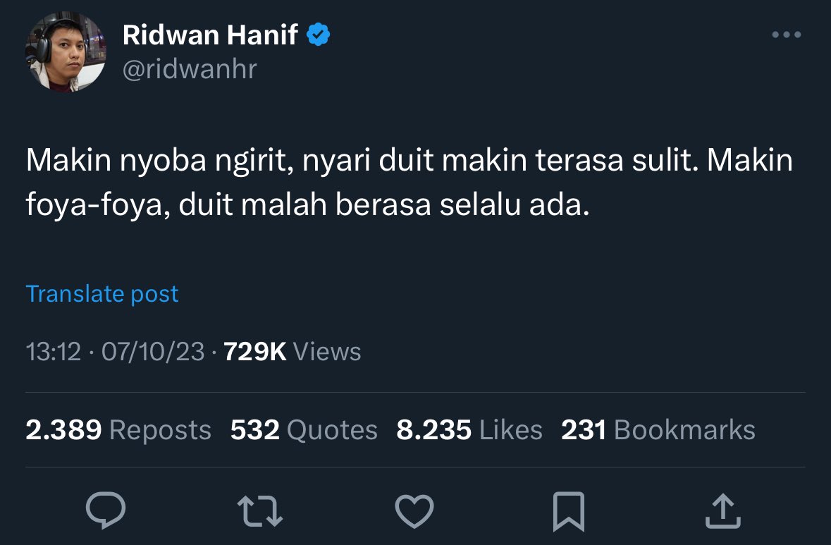 Saat tweet asli, kalah rame sama tweet copas, di moment inilah aku sadar, being original is not the key of success in social media.
Alias, algoritma, kowe ndlogok. 🫠