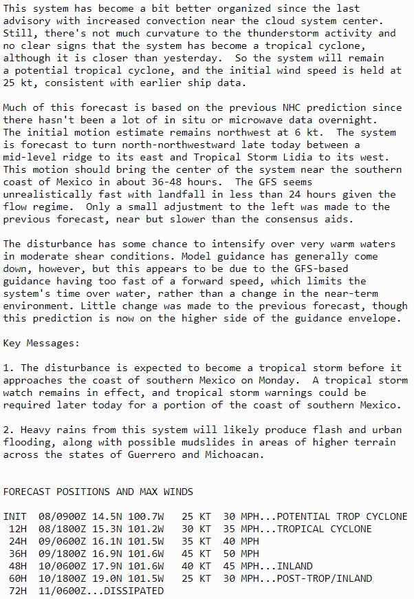 LimWeather's tweet photo. #PTC16E forecast to peak at at least 50mph
#tropicalstormwatch in effect from #Acapulco to #PuntaSanTelmo, most of #guerrero and #michoacan states
life threatening #Flooding and #Mudslides are likely
#Wxtwitter #Tropicswx #99E #Max #EP99 #Mexico #TropicalStorm #TropicalStormMax https://t.co/dc6k6eMgqV