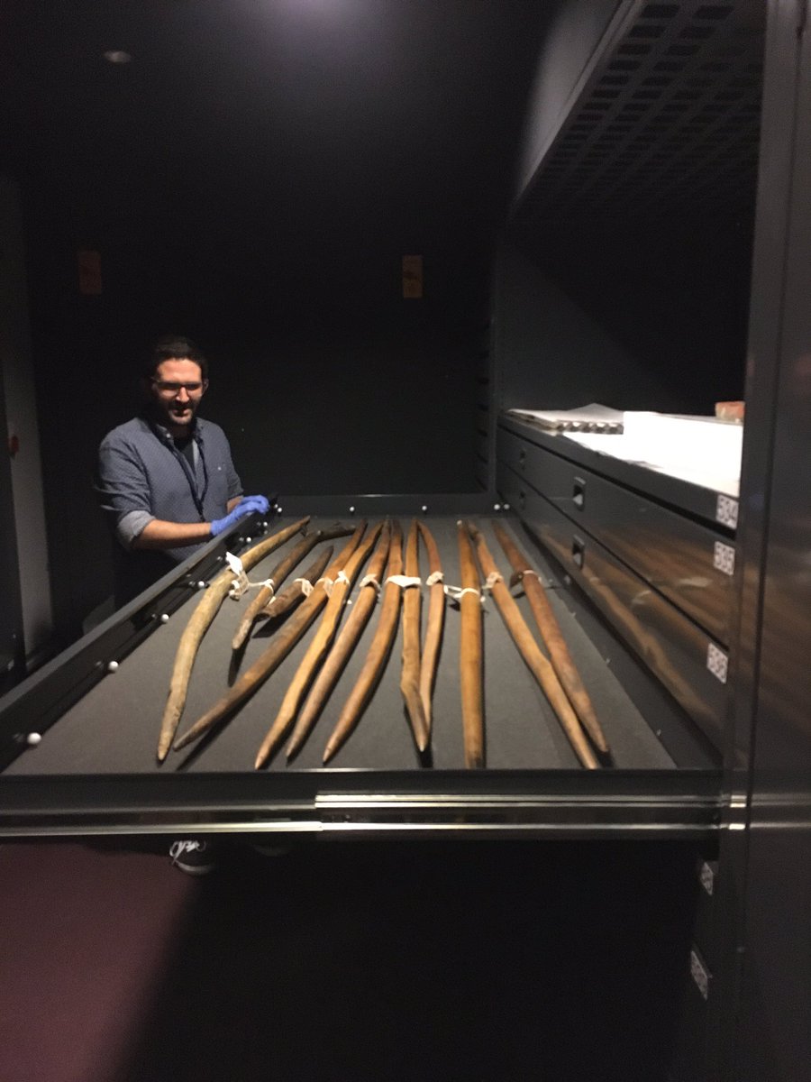 Behind the scenes <a href="/MaryRoseMuseum/">The Mary Rose</a> yesterday, with <a href="/AMiles_MR/">Alastair Miles</a> and some of the incredible #Tudor long bows recovered from the wreck.