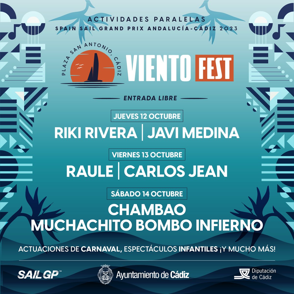 Cadiz_es's tweet photo. 🔵 ... y recuerda que la próxima semana también llega a #Cádiz el Primer Festival #VIENTOFEST

✅Con el programa de actividades paralelas del Ayuntamiento a la @SailGP: conciertos, #Carnaval, espectáculos infantiles y más eventos

#SailGPCádiz #SailGP #SpainSGP https://t.co/IE73v5i1Mn