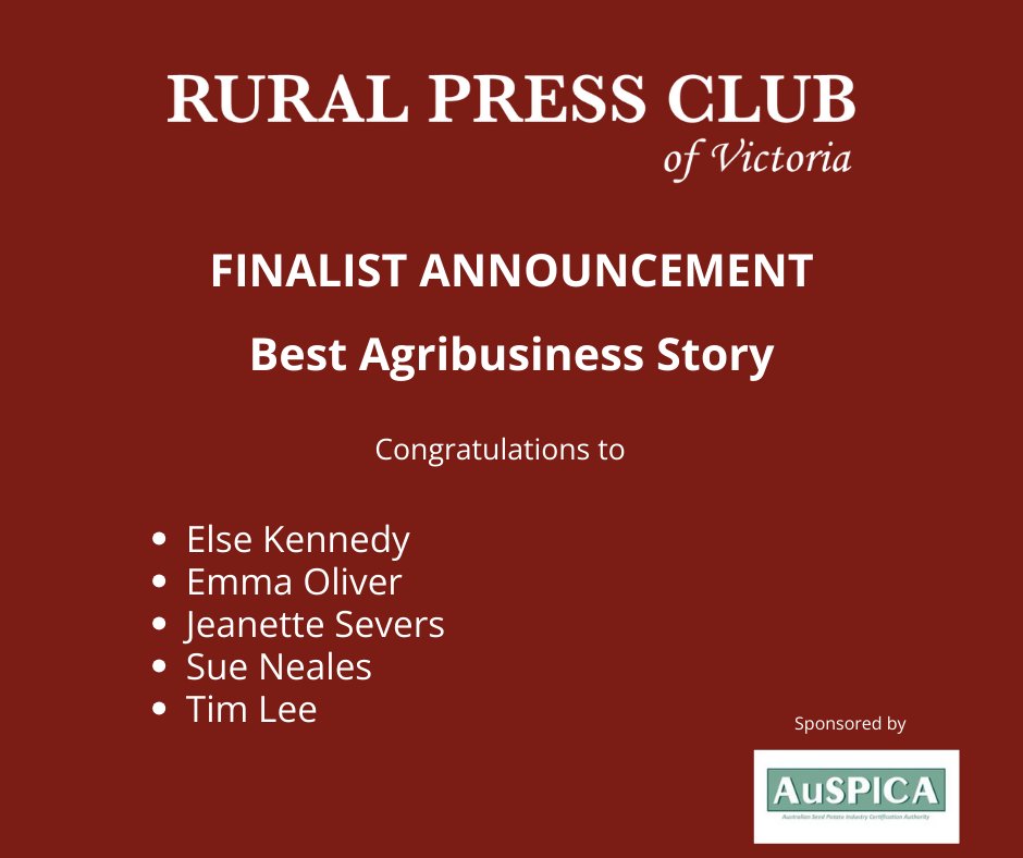 Best Agribusiness Story - sponsored by AusPICA.
Congratulations to the finalists (listed in alphabetical order).
<a href="/elsekennedy/">Else Kennedy</a>, Emma Oliver, <a href="/severs_jeanette/">The Ag Journo</a>, <a href="/BushReporter/">Sue Neales</a> &amp; Tim Lee.