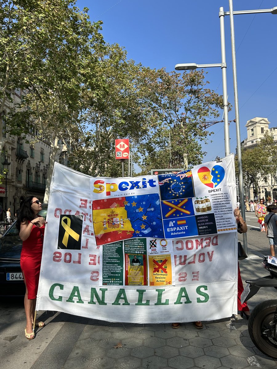 alexsnclmnt's tweet photo. La millor pancarta (fins ara) és aquesta, que demana la sortida d’Espanya de la Unió Europea i inclou captures de missatges WhatsApp i una oferta d’oli (!) https://t.co/JgLP5gDbMf