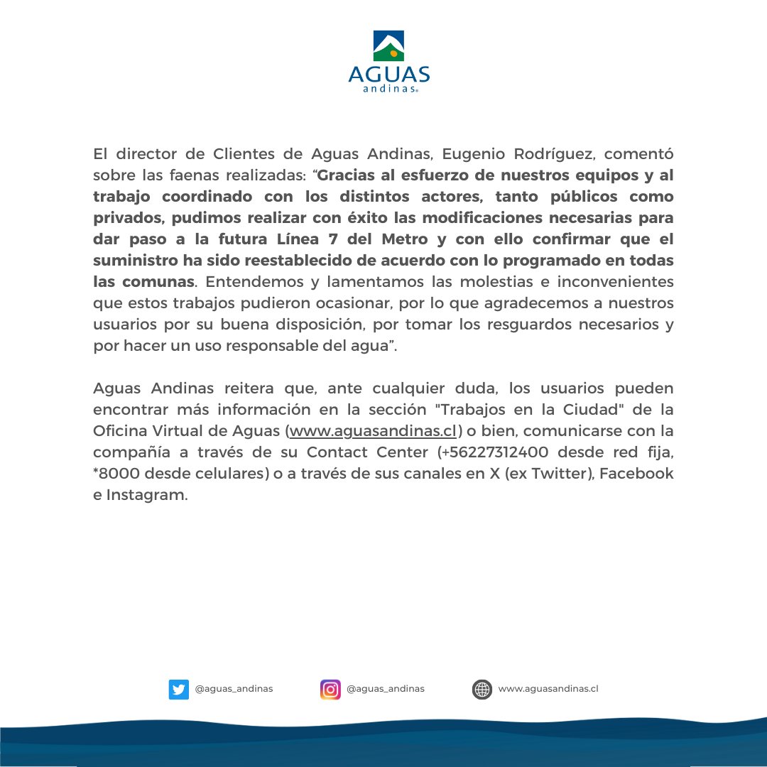 ✅ Informamos que, a partir de las 04:30 horas de hoy, se encuentra totalmente reestablecido el suministro de agua potable en los sectores de seis comunas de la Región Metropolitana: Independencia, Recoleta, Renca, Conchalí, Santiago y Providencia. Ello, luego de los trabajos de