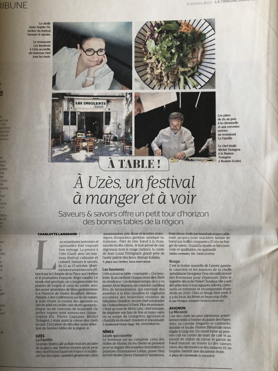 C’est sous la plume de <a href="/Chalangrand/">charlotte langrand 🎥🍽️</a> dans le premier numéro  de La Tribune dimanche, c’est  à Uzès que ça se passe le week prochain : la première édition du festival Saveurs et Savoirs crée par la Librairie de la Place aux Herbes et <a href="/frgaudry/">François-Régis Gaudry</a>, avec des chefs, des livres, des films