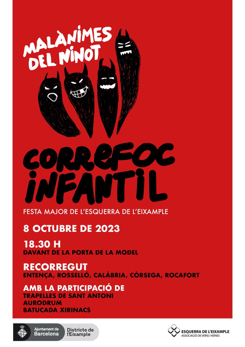 Bcn_Eixample's tweet photo. Aquesta tarda, #correfoc infantil de la Festa Major de l'#EsquerraEixample amb la presentació de la nova colla del barri Malànimes del Ninot.
🕛 18.30 h
📍 La Model (c. Entença, 155)
No t’ho pots perdre! 🔥🔥
🔗 https://t.co/EQBvMBTQw6 https://t.co/zm4G84Jp2v