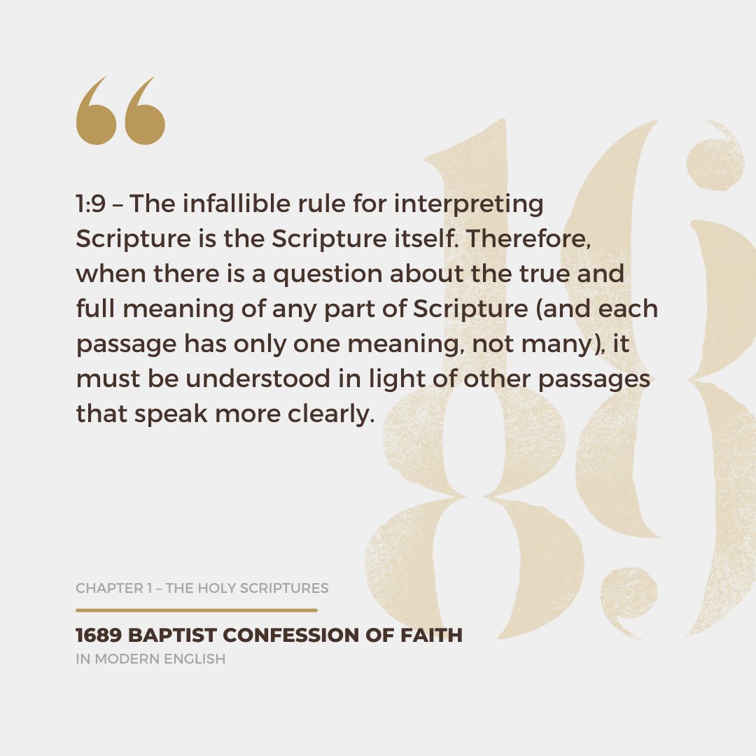 FoundersMin's tweet photo. 1:9 – The infallible rule for interpreting Scripture is the Scripture itself.

Get your paperback copy of The 1689 Baptist Confession of Faith in Modern English here: https://t.co/oDZPdz50Np

#theology #Confessions #1689confession #confessionalbaptist https://t.co/uR2BHfuoFd