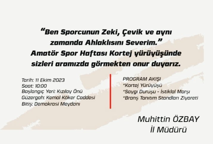 GSB_Gaziantep's tweet photo. ''Amatörler Türk Sporunun Kalbidir.''♥️

Kalbi spor ile atan tüm hemşehrimizi  #AmatörSporHaftası kortej yürüyüşünü ve açılış programına bekliyoruz. 🚶‍♂️🚶‍♀️

Kortej Yürüyüşü:
📅 11 Ekim 2023 Çarşamba
⏰ 10.00
Başlangıç: Kızılay Kan Merkezi Önü
Bitiş: 15 Temmuz Demokrasi Meydanı https://t.co/Z6CR37PQsL