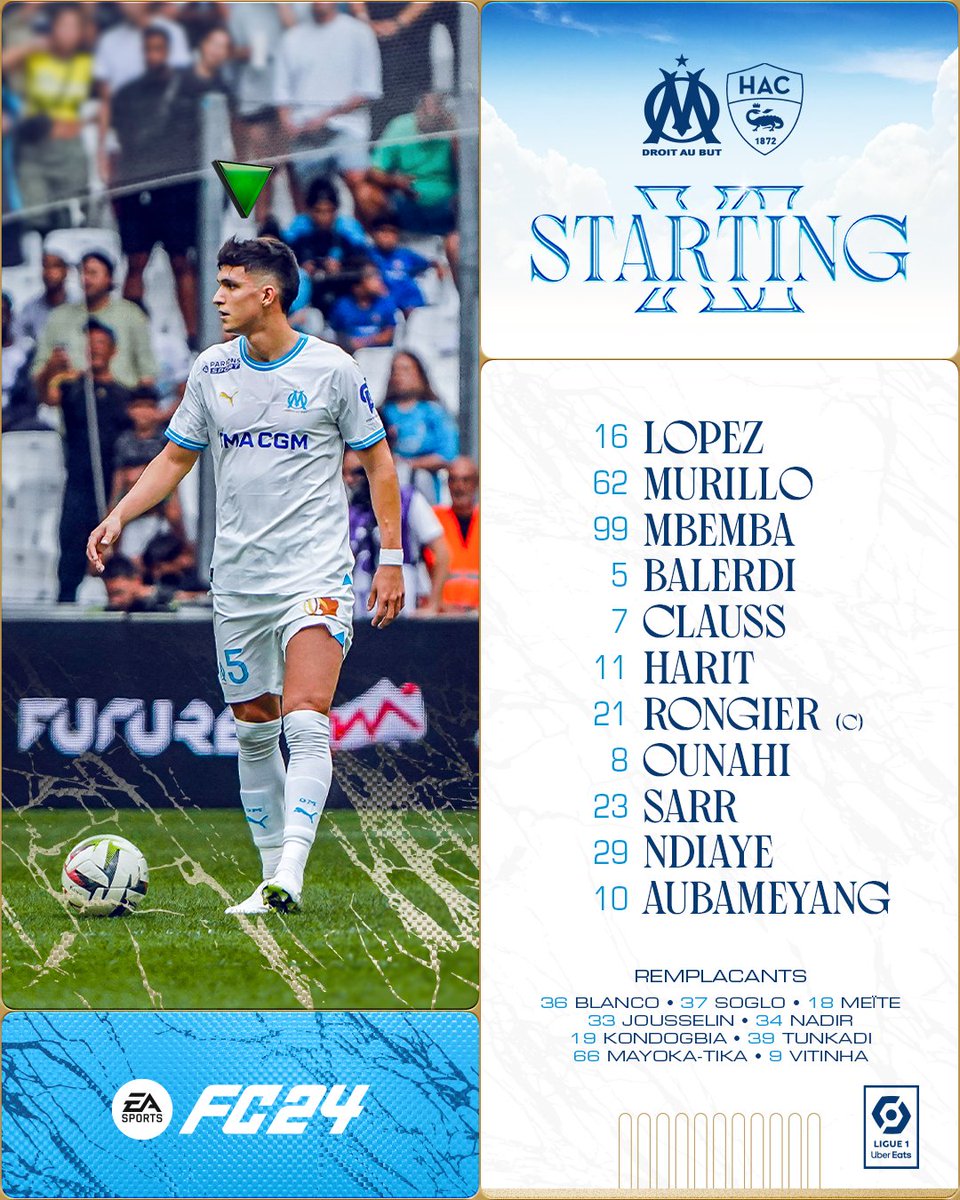 OM_Officiel's tweet photo. 🅒🅞🅜🅟🅞 #OMHAC⚔️

Le XI de départ concocté par notre coach 𝗚𝗮𝘁𝘁𝘂𝘀𝗼 🇮🇹 pour la huitième journée de @Ligue1UberEats ⚡️ https://t.co/p1yBRq3AM3