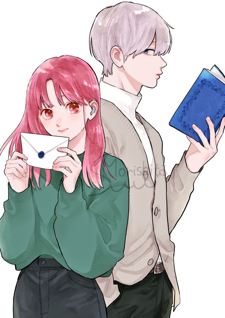 1girl 1boy holding book holding book white background pink hair  illustration images