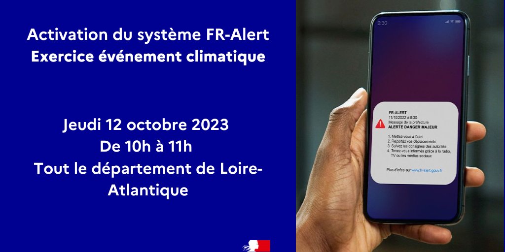 #FRAlert Le 12 octobre, un exercice départemental évènement climatique sera organisé : 
➡test du dispositif FR-ALERT dans le département
➡toute personne présente dans le département et/ou en limite lors de l’exercice recevra une notification FR-Alert
➡aucune action attendue