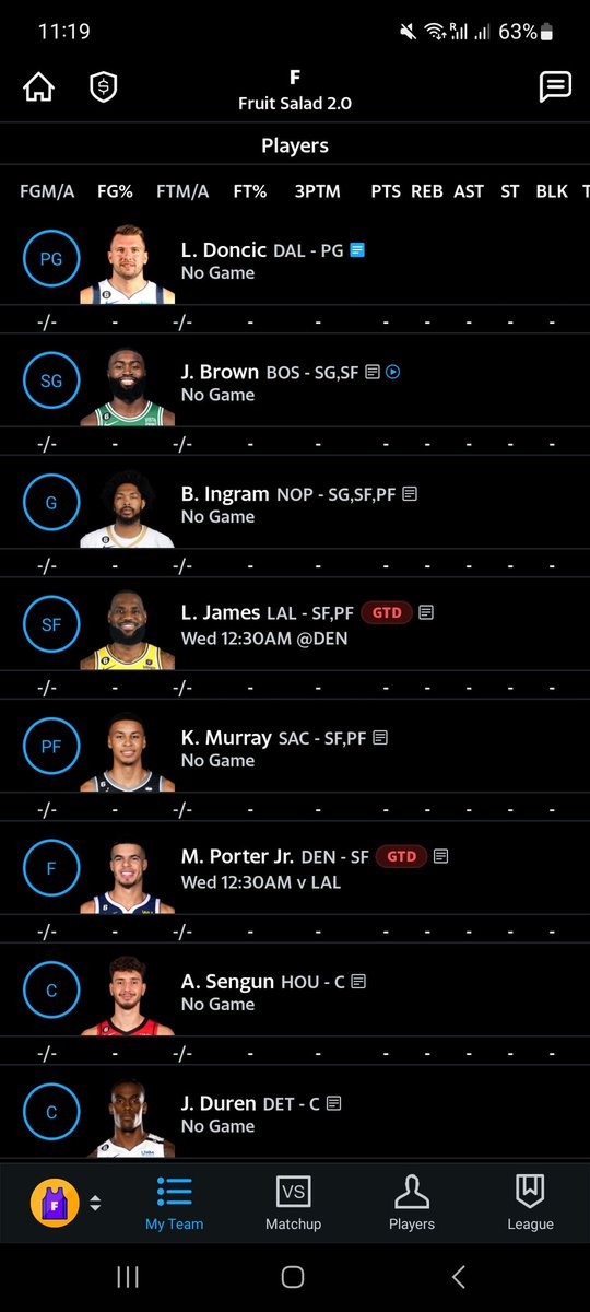 WhatTheFMarc's tweet photo. NBA fantasy team for 23-24 season.
Luka - MVP season
Brown - to prove he is worth the super max deal
Ingram - to prove himself after his underperformance in the World Cup
LbJ - Last season chance to win Championship
Murray, Porter jr., Sengun and Durren - possible breakout season https://t.co/S0djmYmO8o