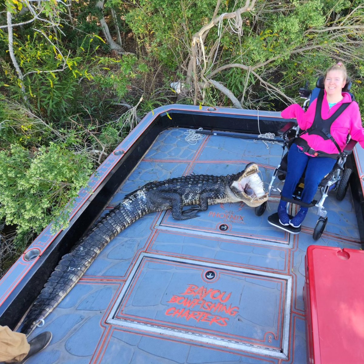 burnside4141's tweet photo. So Kenzi went #alligator #hunting Saturday w/Bayou Bowfishing Charters in #Louisiana. A friend Kim and them wanted Kenzi to get her 1st gator, which was 10'. We used vacuum air trigger for her to fire gun; hollered "alligator gumbo" after shot. #huntingseason #fillthefreezer https://t.co/QD3rJJyR00