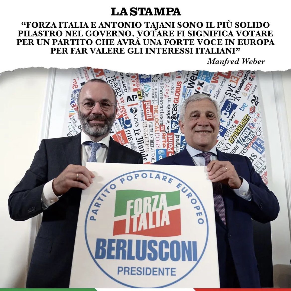 FiGCampania's tweet photo. 📰 Il Presidente del Partito Popolare Europeo, Manfred Weber, ha dichiarato a La Stampa che Forza Italia e Antonio Tajani costituiscono una fondamentale base nel governo italiano.

#figcampania
.
.
.
#ForzaItalia #ForzaItaliaGiovani
#ForzaItaliaGiovaniCampania #Campania https://t.co/cRNjuoTqua