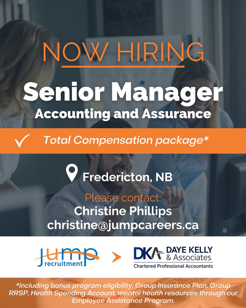 Do you have a natural curiosity and desire to acquire new skills and have the willingness to invest the energy and time to progress to a future leadership position? If so, apply in confidence today!  jumpcareers.ca/job/senior-man…

#CPA #CGA #hiringnb #accountingjobs #newbrunswickjobs