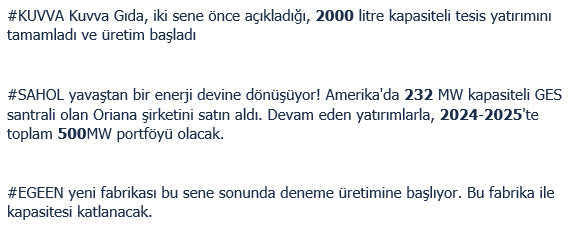 55suleymanozay's tweet photo. #XU100
Geçen hafta yeni tesis ve kapasite açıklaması yapan şirketler
#kuvva #sohal #egeen https://t.co/jzvlThe9IB