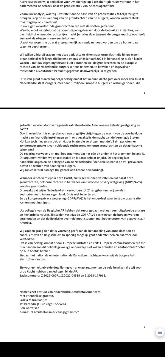 JetyourPA's tweet photo. Onze brief aan @toezicht_AP #AleidWolfsen in vervolg op onze lang lopende #klacht bij t AP. #AccidentalAmericans schending #grondrechten #dataprivacy door vergaande #extraterritoriale 🇺🇸#wetgeving & schandelijke #discriminatie door #bankensector. #FATCA @nat_ombudsman @FIN_tweedekamer @2eKamertweets @NwSocContract @PieterOmtzigt @evabbl @nielsheithuis