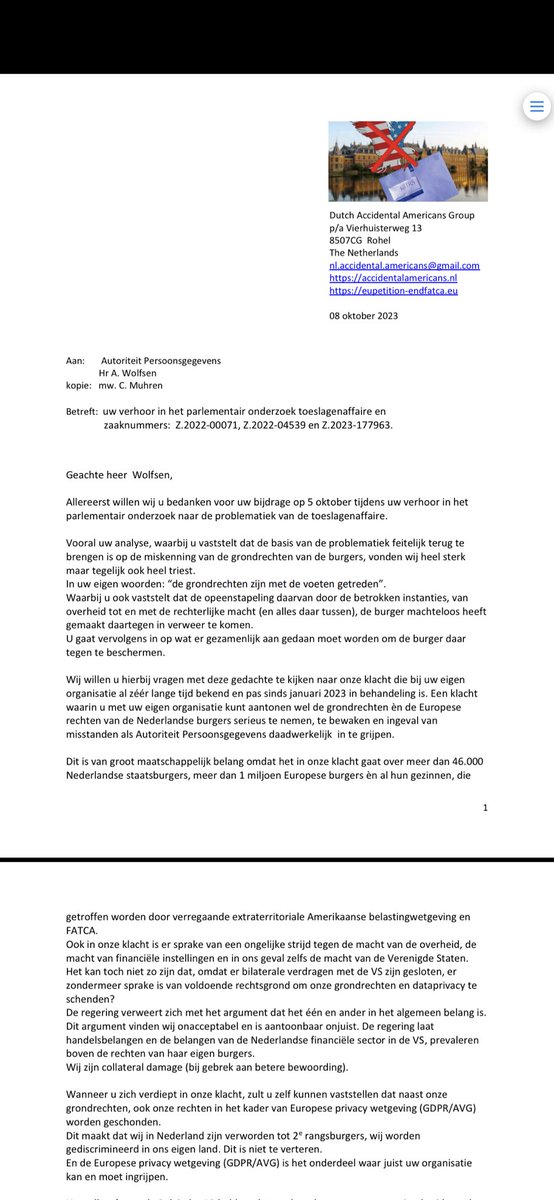 JetyourPA's tweet photo. Onze brief aan @toezicht_AP #AleidWolfsen in vervolg op onze lang lopende #klacht bij t AP. #AccidentalAmericans schending #grondrechten #dataprivacy door vergaande #extraterritoriale 🇺🇸#wetgeving & schandelijke #discriminatie door #bankensector. #FATCA @nat_ombudsman @FIN_tweedekamer @2eKamertweets @NwSocContract @PieterOmtzigt @evabbl @nielsheithuis