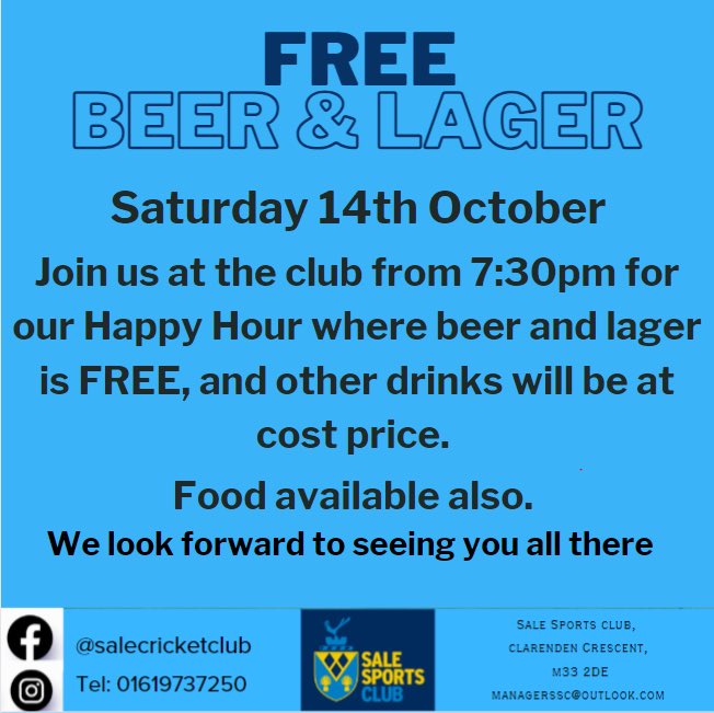 That’s right folks, FREE beer and lager this Saturday night at the club. Happy hour starts at 7:30pm with food available and other drinks at cost price. While stocks last. Would be great to get a decent crowd down, hope to see you there