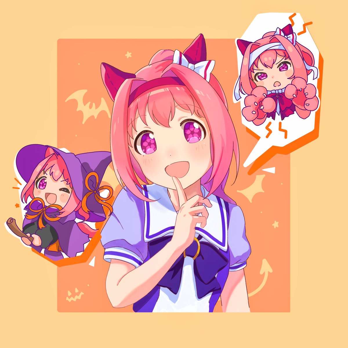 haru urara (umamusume) 1girl tracen school uniform animal ears pink hair school uniform purple shirt one eye closed  illustration images