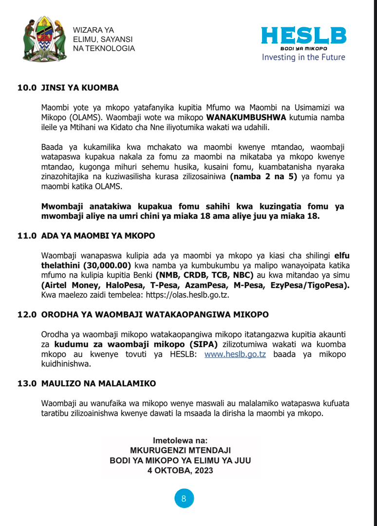HESLBTanzania's tweet photo. Habari ya Jumapili mdau? Ikiwa hujasoma 'Mwongozo wa Utoaji Mikopo kwa Stashahada', tunakuletea hapa - 2 (Mwisho) https://t.co/3AD5LCfxn3