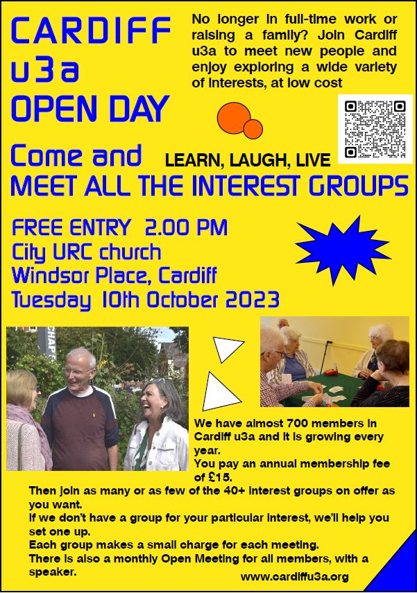 CardiffU3A's tweet photo. We have an Open Day on Tuesday.  Pop along to find out more about Cardiff u3a and the various groups you could join. #u3a #Cardiff #OpenDay #Cardiffu3a https://t.co/I52o20zncu