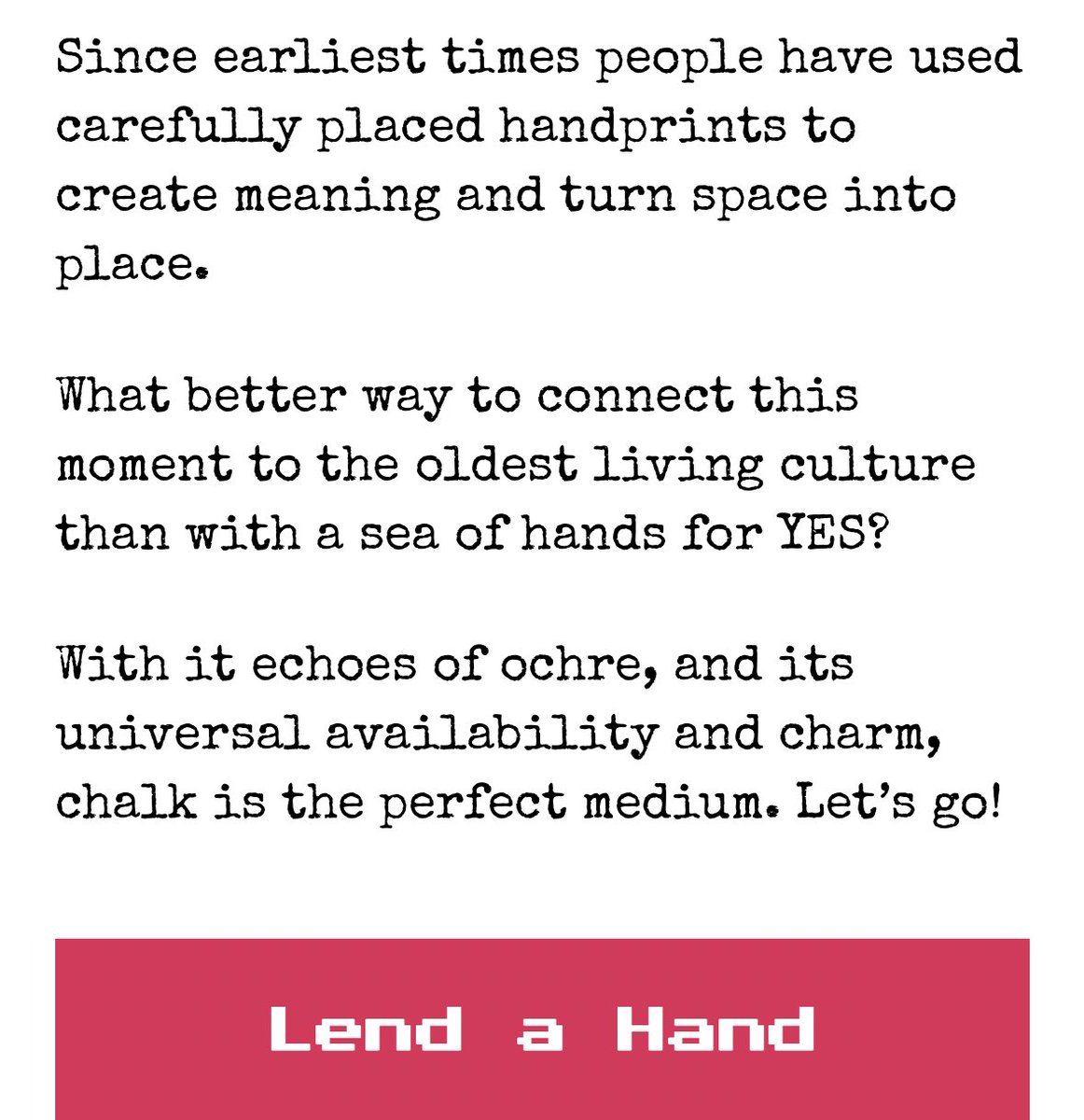 DemOnTheStreets's tweet photo. “Since earliest times people have used carefully placed handprints to create meaning and turn space into place.”
🖤#ChalkYes
💛#CreateYes
❤️#WriteYes
✋🏾#Hands4Yes
✊🏽join the #DOTS
👉🏽https://t.co/eA4wz829sR https://t.co/uUJ3Z2FeFw