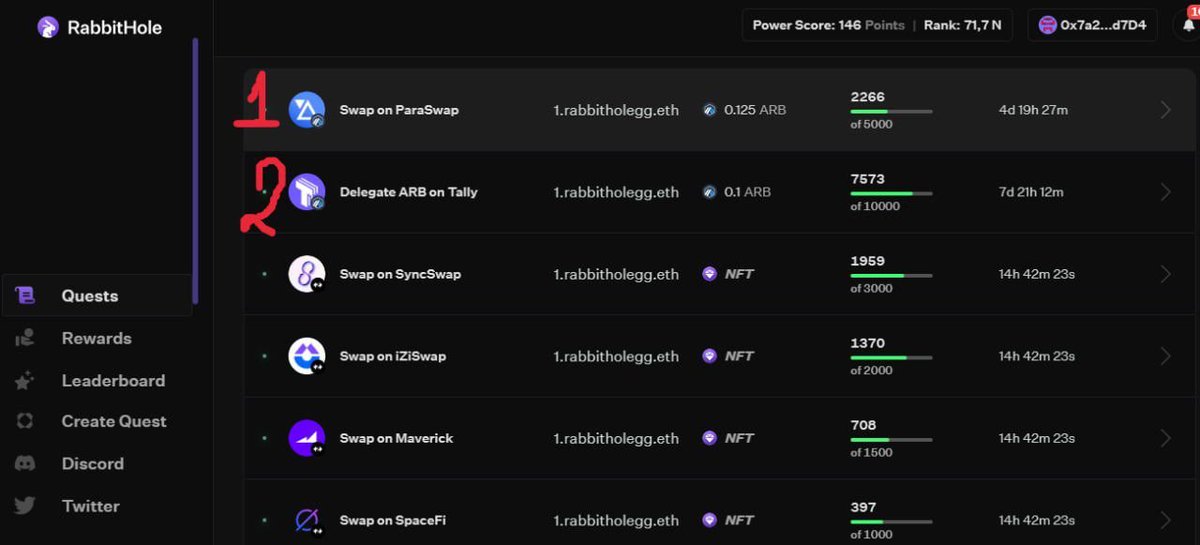 #RabbitHole 

💰 Reward: POINT + NFT + Retroactive on other dApp... 

👉 JOIN HERE: rabbithole.gg/quests?wallet_…

✍️  If you complete 

✔️TASK 1: Swap $ or Token => Got ARB  
✔️TASK 2: Delegate and got VOTING POWER 

=> Vote and wait for airdrop in future: snapshot.org/#/arbitrumfoun…