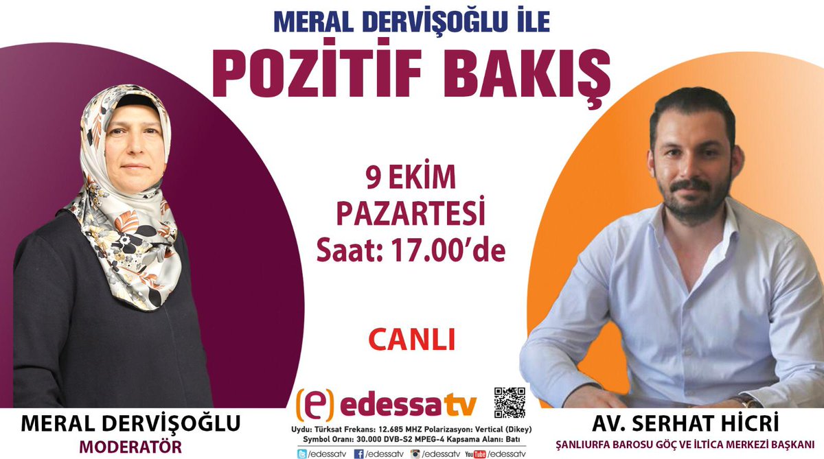 meraldervisoglu's tweet photo. 9 Ekim Pazartesi saat 17.00'de @edessatvhaber kanalında Şanlıurfa Barosu Göç ve İltica Merkezi Başkanı Avukat @SerhatHicri konuğumuz olacaktır. İyi seyirler. https://t.co/hW8ofcrXQS
